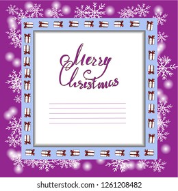 Beautiful Christmas card with a frame of gifts and snowflakes. Vector file.