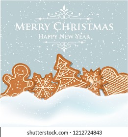 Beautiful Christmas card with gingerbread. Christmas poster. Print. Vector