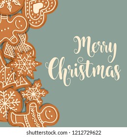 Beautiful Christmas card with gingerbread. Christmas poster. Print. Vector