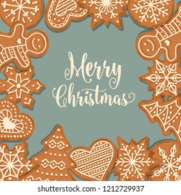 Beautiful Christmas card with gingerbread. Christmas poster. Print. Vector