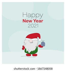 Beautiful Christmas card with gnom. Happy New Year 2021. Postcard for printing. Vector illustration