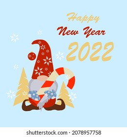 Beautiful Christmas card with gnom. Happy New Year 2022. Postcard for printing. Vector illustration