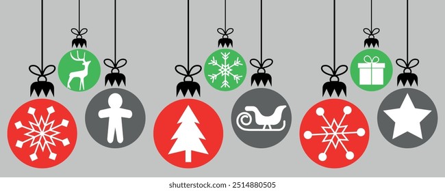 Beautiful Christmas card with hanging balls icons and greetings. Xmas Red, green and gray hanging ornaments. Vector illustration isolated on gray background.