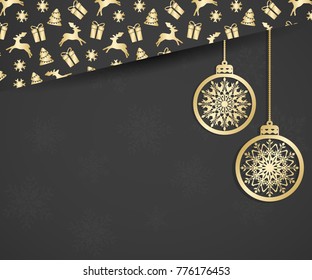 Beautiful Christmas card with hanging christmas balls and christmas elements: Christmas gifts, fir, reindeer, snowflake. Elegant background for New Year`s design. 