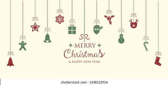 Beautiful Christmas card with hanging decorations. Vector.