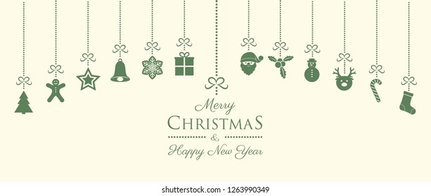 Beautiful Christmas card with hanging decorations. Vector.