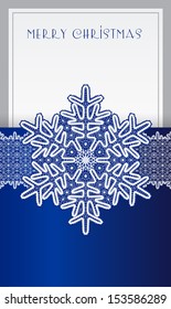 Beautiful Christmas card with lace vintage snowflake. Blue and silver.