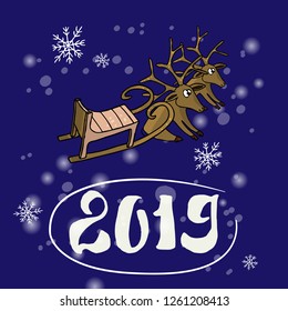 Beautiful Christmas card. New Year greeting. Merry deer and Christmas Santa's sleigh on a blue background. Vector.
