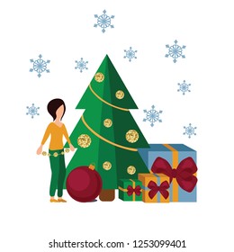 Beautiful Christmas card with presents and decorations on white background with blue snowflakes