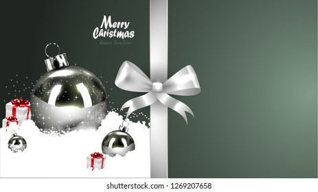 Beautiful Christmas Card with Realistic Decorative Baubles & Presents in Snow. Vector Illustration