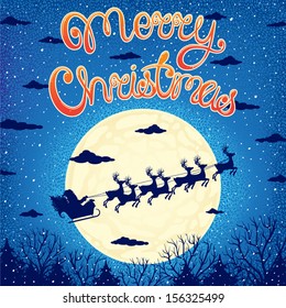 beautiful Christmas card with Santa Claus sleigh flying over a forest in the moonlight