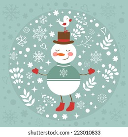 Beautiful Christmas card with snowman and bird. vector illustration