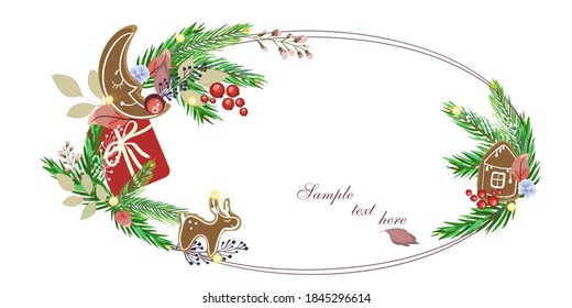 beautiful christmas card with spruce sprigs, gingerbread cookies, leaves, berries and an oval frame on a white background