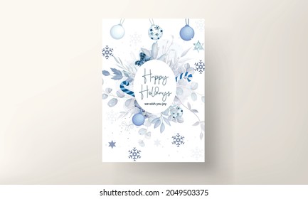 beautiful christmas card template with white and blue christmas ornaments