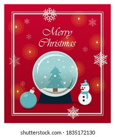 Beautiful Christmas card with toys and gifts. Flat illustration for a website, store, or app with children s products. Bright holiday banner with a snow ball, snowman, snowflakes, Christmas balls and