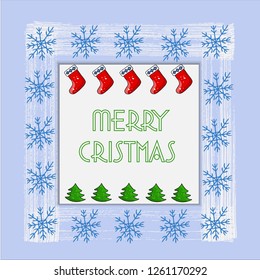 Beautiful Christmas card with Christmas tree, snowflakes and New Year socks. Vector.