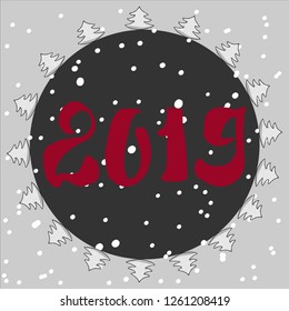 Beautiful Christmas card with Christmas tree, and snowflakes. Christmas trees frame circle. Vector.