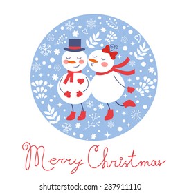 Beautiful Christmas card with  two frosties kissing. Vector illustration