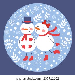 Beautiful Christmas card with  two frosties kissing. Vector illustration