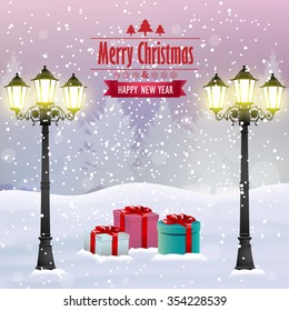 Beautiful Christmas card width street lights and presents, winter background.