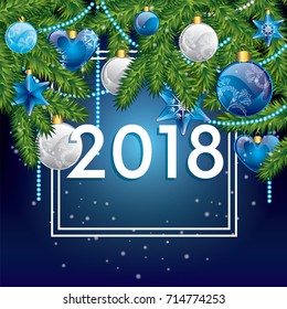 Beautiful Christmas card with a wreath, spruce and decorations. Vector illustration for a postcard or a poster. New Year's and Christmas. 2018