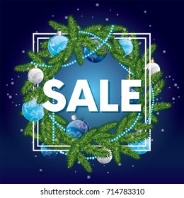 Beautiful Christmas card with a wreath, spruce and decorations. Vector illustration for a postcard or a poster. New Year's and Christmas.