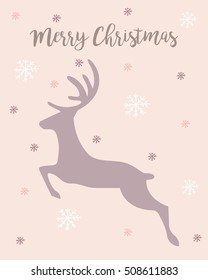 Beautiful Christmas card/poster featuring a reindeer and snowflakes on a light pastel background. Vector hand drawn illustration with isolated objects. 