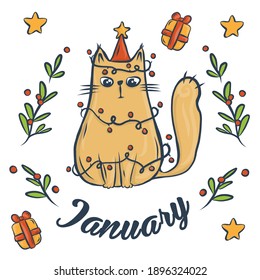 beautiful Christmas cat family isolated on white background. vector. Sticker for January and bullet journal. Merry Christmas card with a cute cat. vector illustration