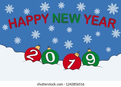 Beautiful Christmas composition with Christmas balls, festive illustration, happy new year 2019 design. Suitable for greeting cards, banners, gift wrapping and other your projects.
