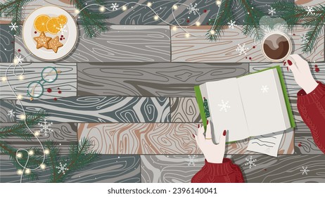 Beautiful christmas composition of book, cup of coffee, Christmas tree branches, gingerbread. Flat lay, top view, copy space. Vector banner. Design background.