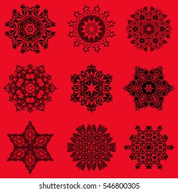 Beautiful Christmas decoration with 9 isolated vector snowflakes. Isolated watercolor snowflakes set on a red background. Symbol of winter.