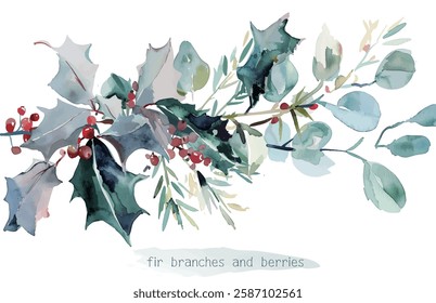 Beautiful christmas decoration Holly leaves and fir branches Watercolor vector illustration christmas border,festival set,new year