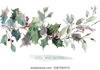 Beautiful christmas decoration Holly leaves and fir branches Watercolor vector illustration christmas border,festival set,new year