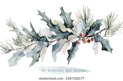 Beautiful christmas decoration Holly leaves and fir branches Watercolor vector illustration christmas border,festival set,new year