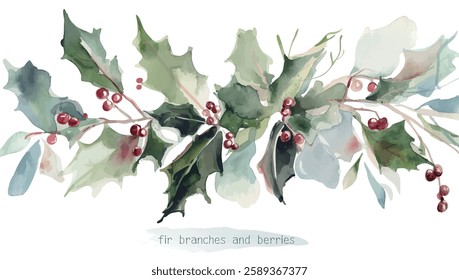 Beautiful christmas decoration Holly leaves and fir branches Watercolor vector illustration christmas border,festival set,new year