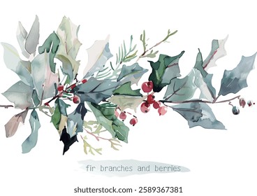 Beautiful christmas decoration Holly leaves and fir branches Watercolor vector illustration christmas border,festival set,new year