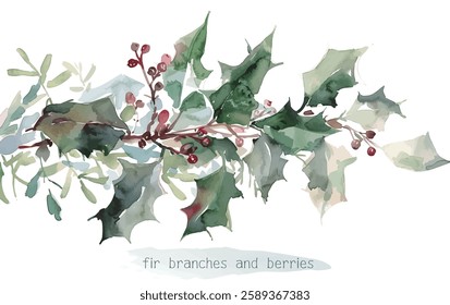 Beautiful christmas decoration Holly leaves and fir branches Watercolor vector illustration christmas border,festival set,new year