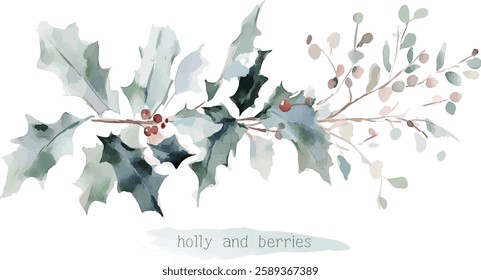 Beautiful christmas decoration Holly leaves and fir branches Watercolor vector illustration christmas border,festival set,new year