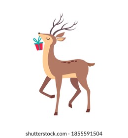 Beautiful Christmas Deer Carrying Gift Box in its Mouth, Merry Xmas and New Year, Happy Winter Holidays Concept Cartoon Style Vector Illustration