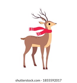 Beautiful Christmas Deer Wearing Red Scard, Merry Xmas and New Year, Happy Winter Holidays Concept Cartoon Style Vector Illustration