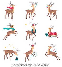 Beautiful Christmas Deers Set, Merry Xmas and New Year, Happy Winter Holidays Concept Cartoon Style Vector Illustration