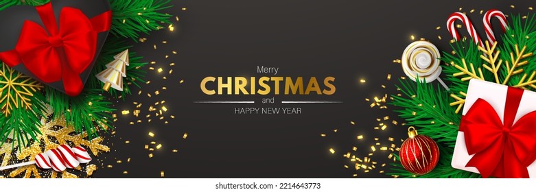Beautiful christmas design banner on black background. Happy new year poster with gift box, red ribbon bow, golden snowflake, lollipop, green pine branches for celebration headers. Vector Illustration