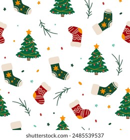 Beautiful Christmas doodle seamless pattern, hand drawn pattern, great for Christmas textiles, banners, wrappers, wallpapers - vector surface. Christmas elements.