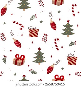 Beautiful Christmas doodle seamless pattern, hand drawn pattern, great for Christmas textiles, banners, wrappers, wallpapers - vector surface. Christmas elements.	
