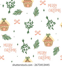 Beautiful Christmas doodle seamless pattern, hand drawn pattern, great for Christmas textiles, banners, wrappers, wallpapers - vector surface. Christmas elements.