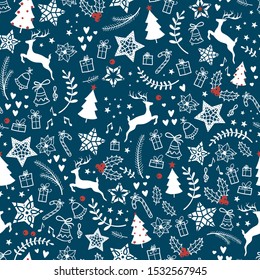 Beautiful christmas doodles seamless pattern - hand drawn and detailed, great for christmas textiles, banners, wrappers, wallpapers - vector surface design