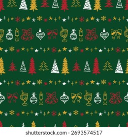 Hermoso patrón sin fisuras de garabatos de Navidad - dibujado a mano y detallado, ideal para textiles de Navidad, Anuncios, envoltorios, Fondos de pantalla - diseño de superficie de Vector