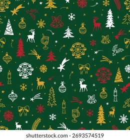 Hermoso patrón sin fisuras de garabatos de Navidad - dibujado a mano y detallado, ideal para textiles de Navidad, Anuncios, envoltorios, Fondos de pantalla - diseño de superficie de Vector