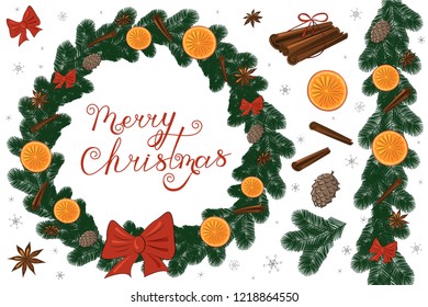 Beautiful Christmas fir wreath with ribbons, pine cones, cinnamon, anise and oranges. Beautiful inscription Merry Christmas. Lettering. Calligraphy. Snowflakes. Seamless brush. Vector illustration.