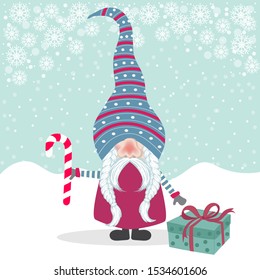 Beautiful Christmas flat design with gnome. and gift box . Christmas poster. Vector